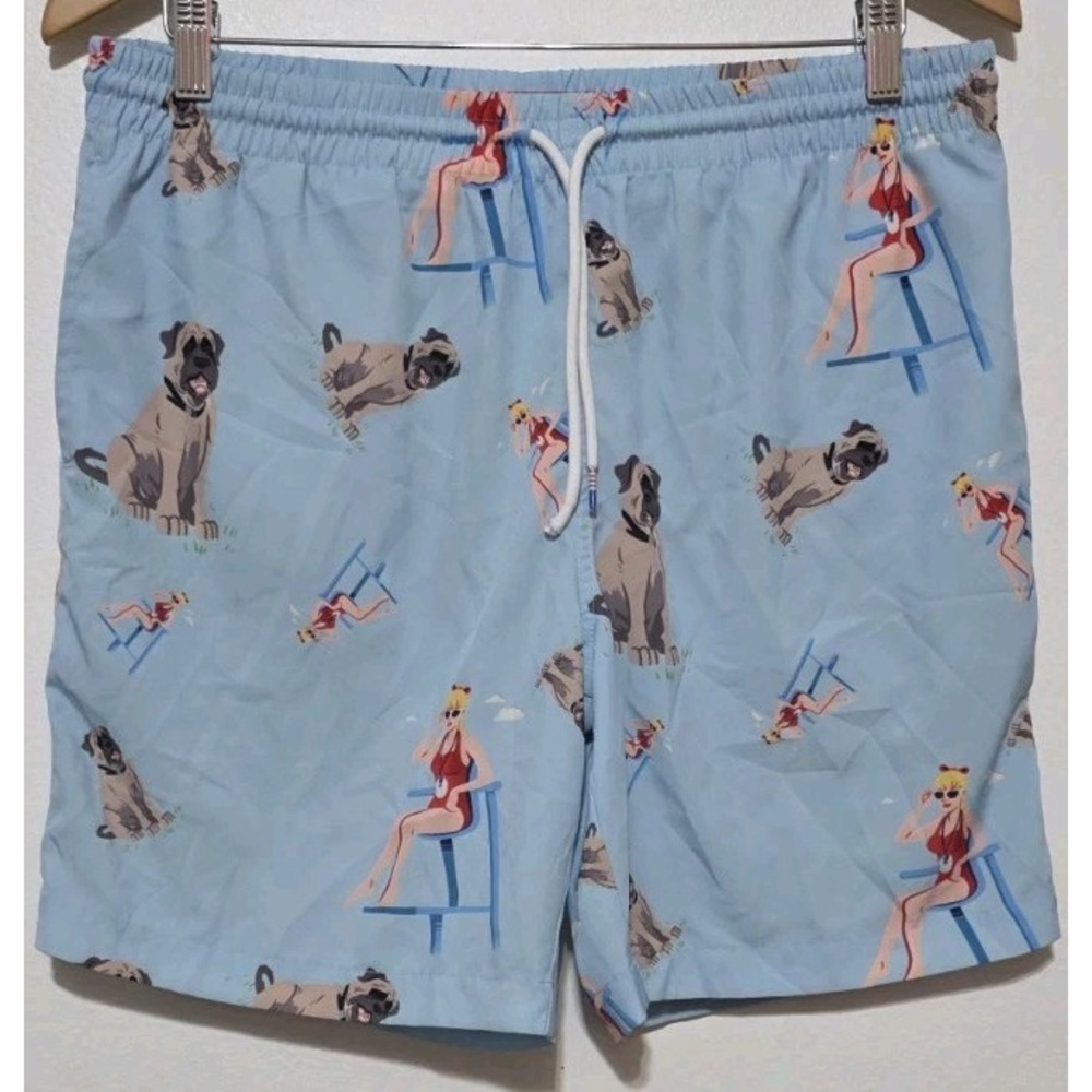 RSVLTS Sandlot Hawaiian Teal Sz M Beach Dog Shorts Trunks‎ Mens Swim Ocean EUC